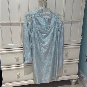 Matching light blue lined dress and blazer set